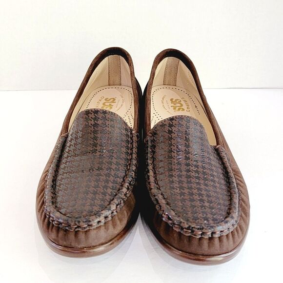SAS Simplify Brown Tetris Nubuck Leather Loafers Women's 10 N Houndstooth Flats - Picture 1 of 13